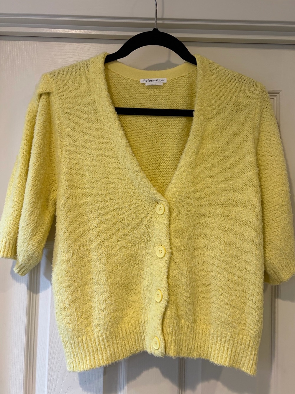Reformation Yellow V-Neck Button Front Hope Short Sleeve Cardigan